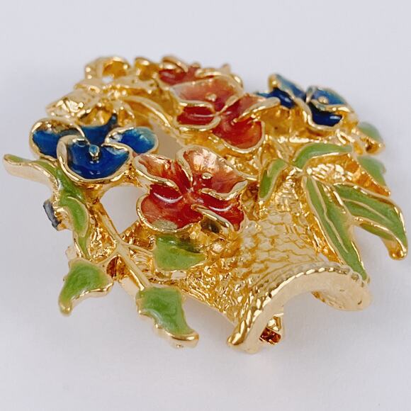 Vintage 60s Brooch Enamel Flower Basket Mid Century Jewelry Gold Tone Garden Pin - Picture 6 of 8